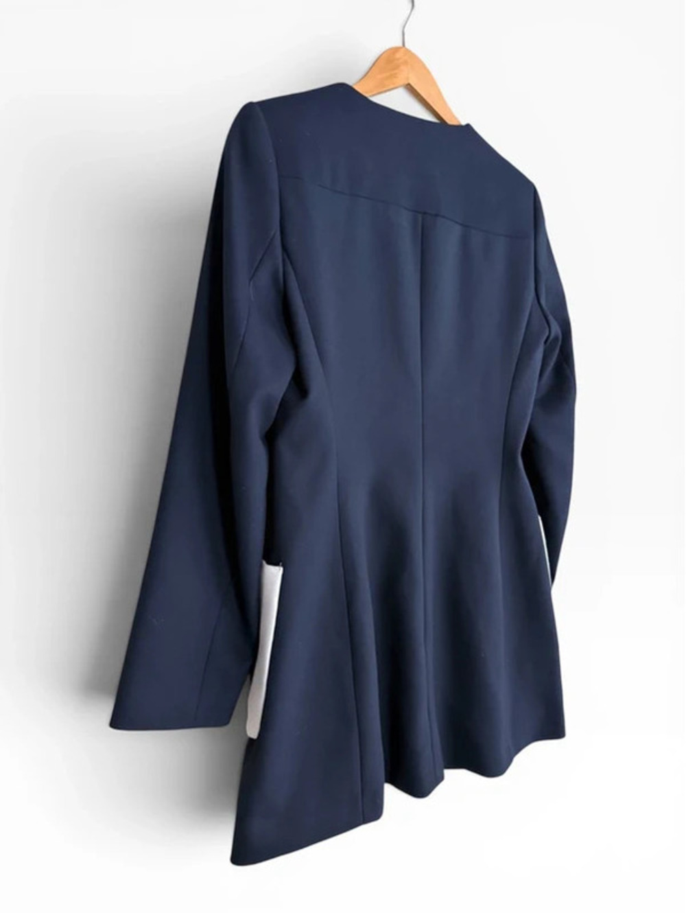 Zara Basic Zip Up Round Neck Frock Coat Blazer Jacket Navy Blue White Trim Mod M - Picture 3 of 9